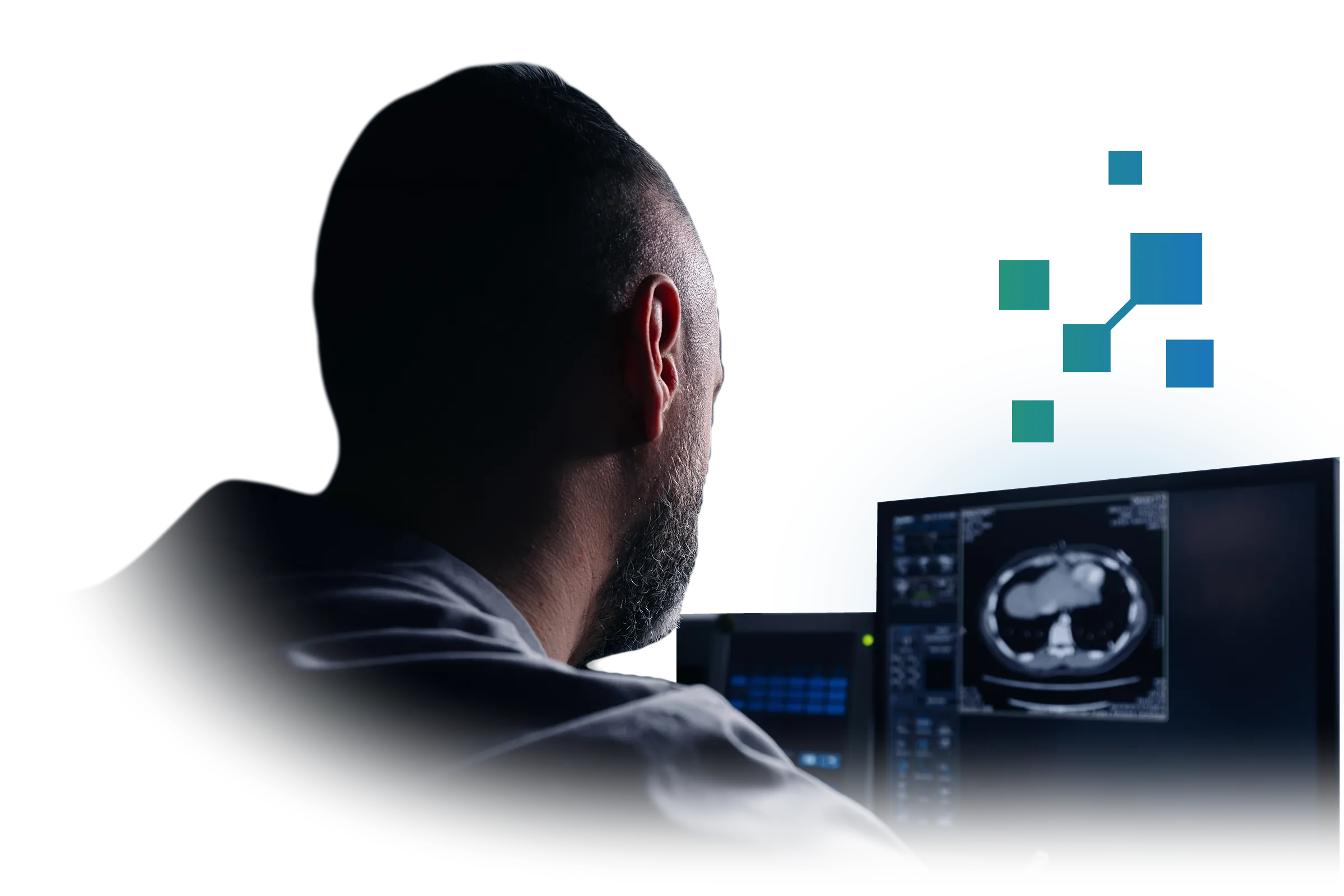 Radiologist reviewing a CT scan at an imaging workstation